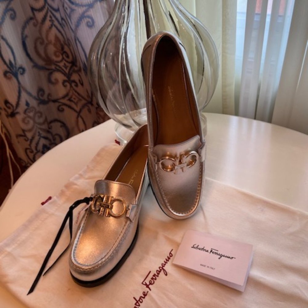 Salvatore Ferragamo Rolo Metallic  Leather Loafers